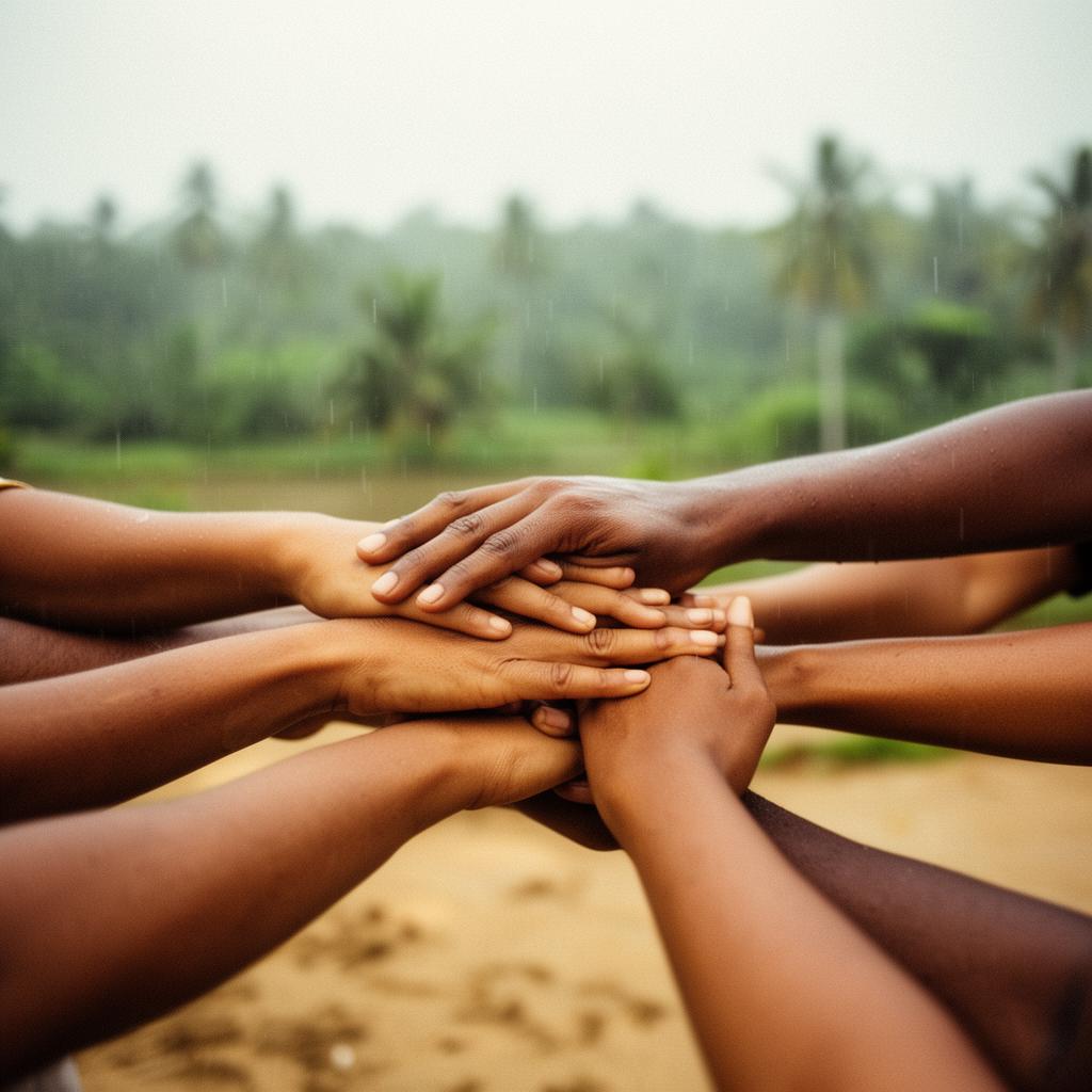 Many Kerala hands meeting in the center under soft monsoon light — a symbol of collective care.